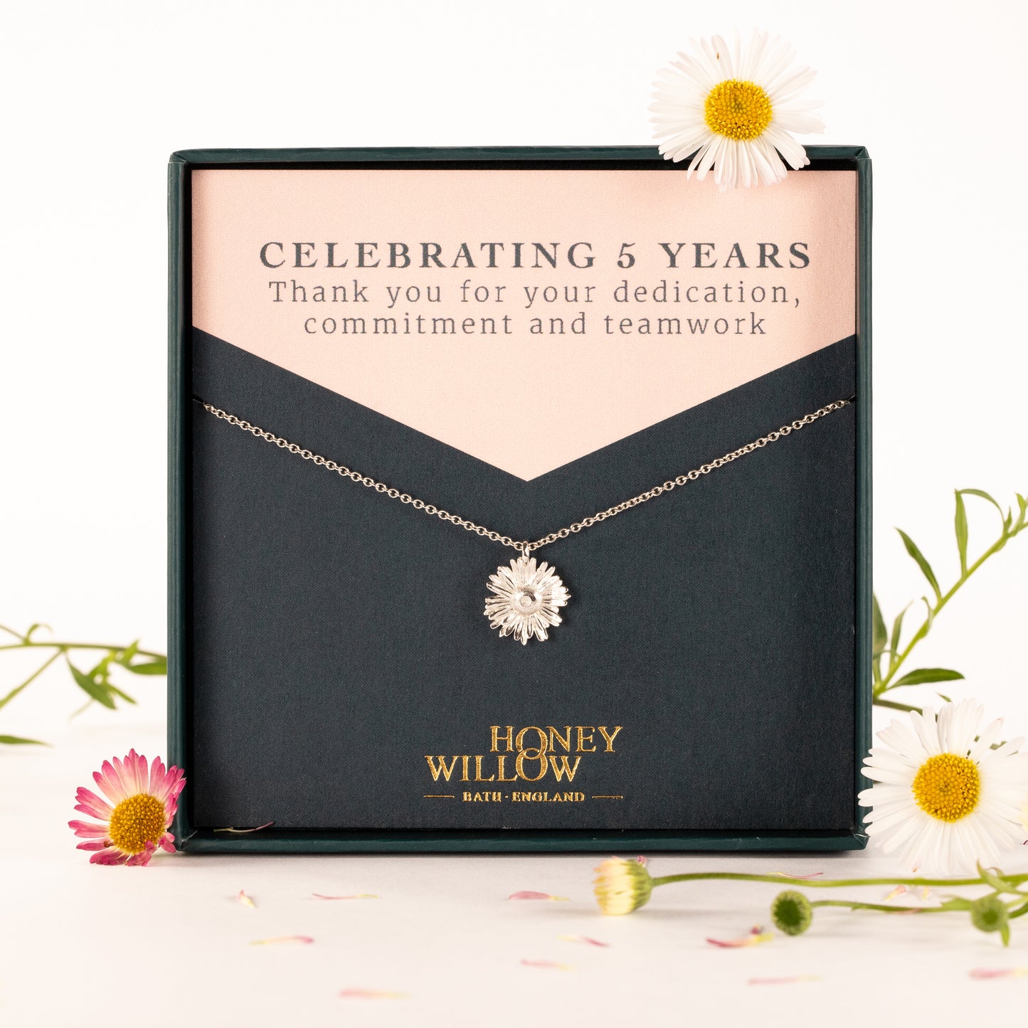 5 Year Work Anniversary Gift - Daisy Flower Necklace - Silver