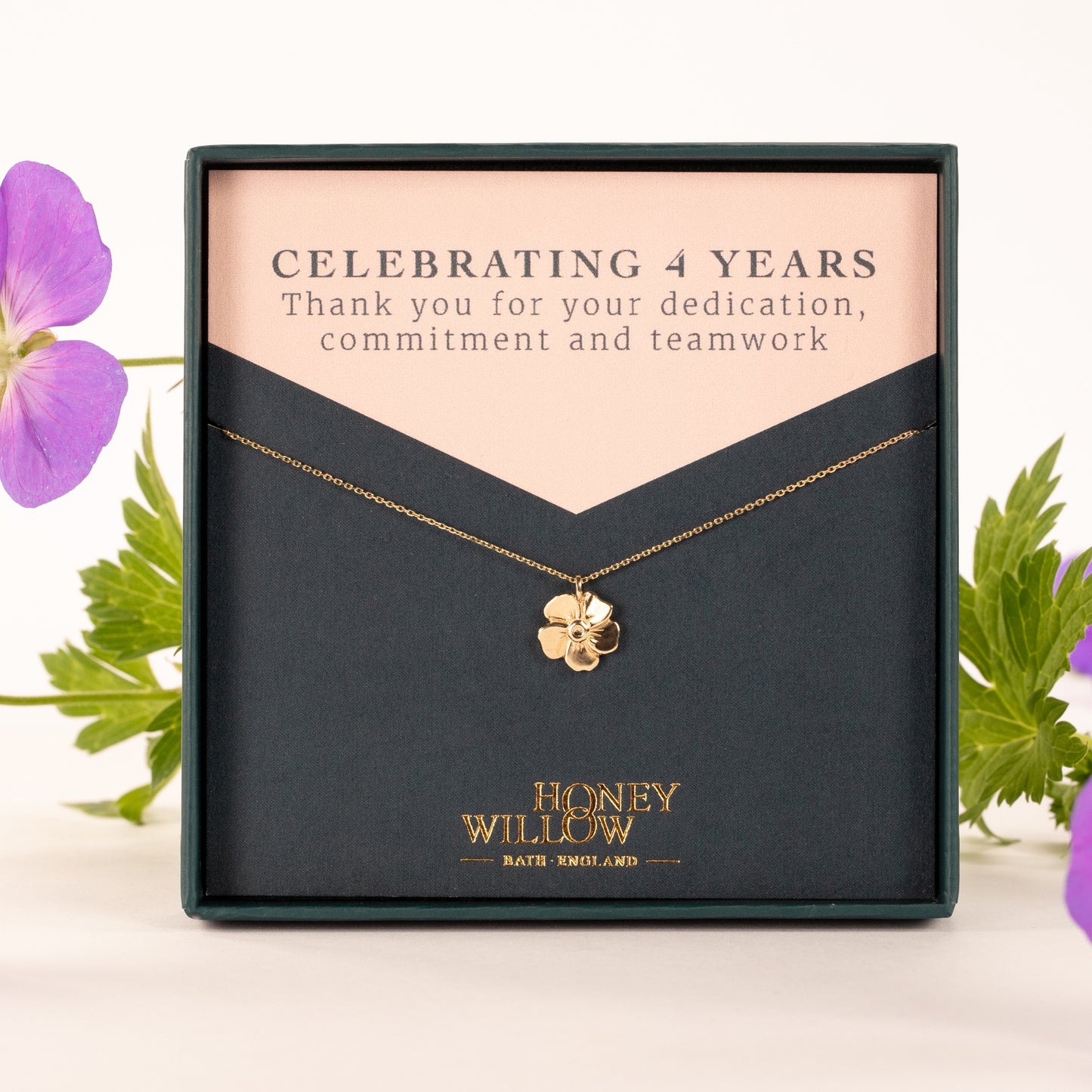 4 Year Work Anniversary Gift - Geranium Flower Necklace - 9ct Gold