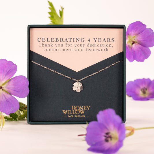4 Year Work Anniversary Gift - Geranium Flower Necklace - Silver