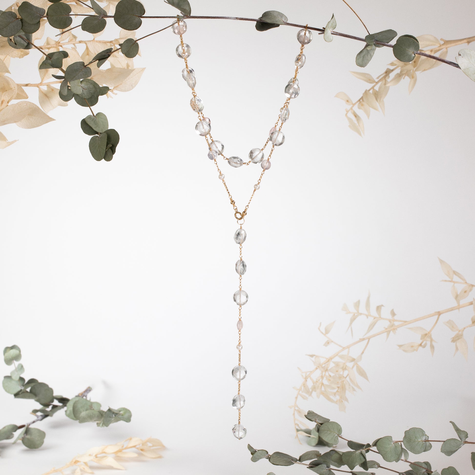 Long Crystal Back Drop Necklace - Silver & Gold - Venus