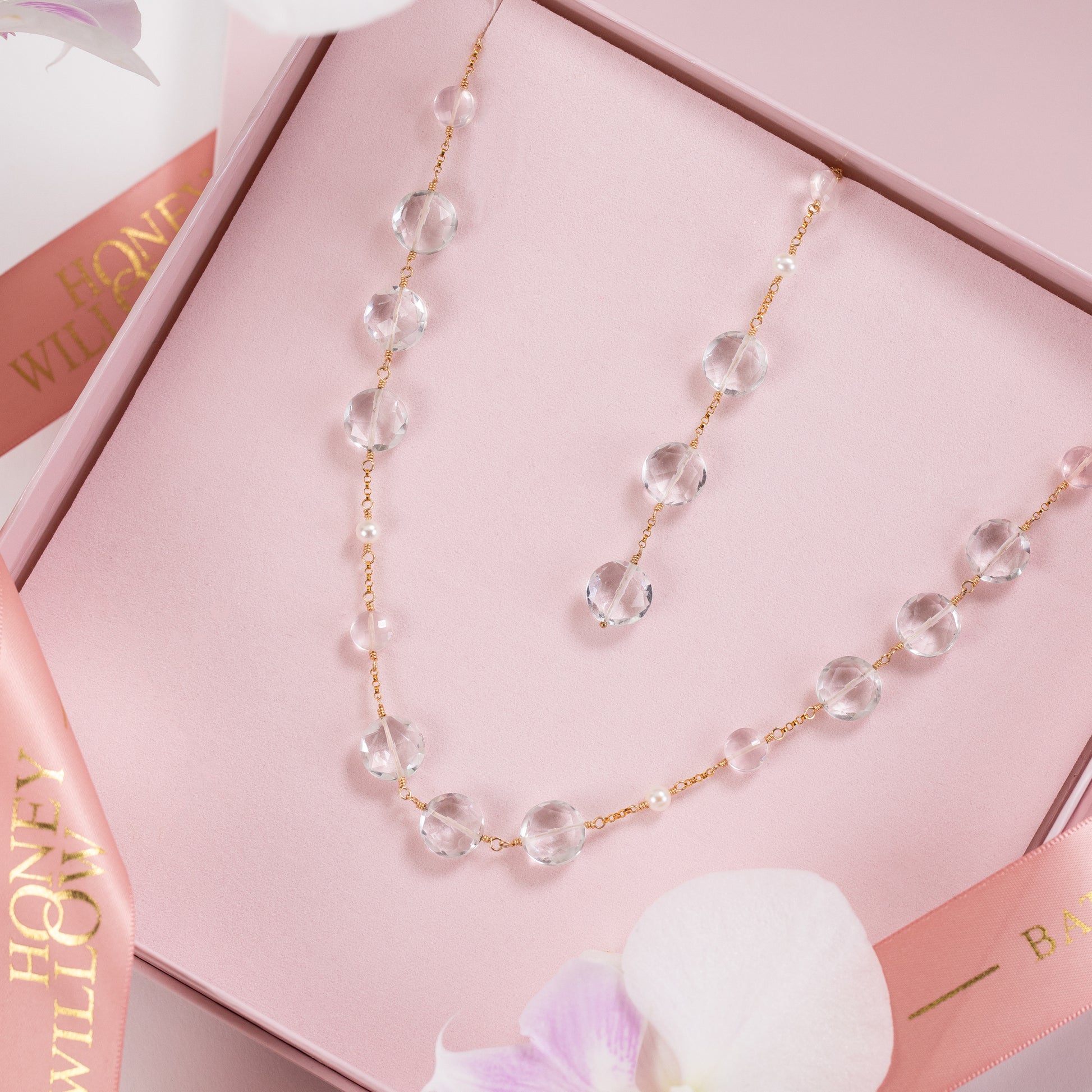 Long Crystal Back Drop Necklace Silver Gold Venus sterling silver