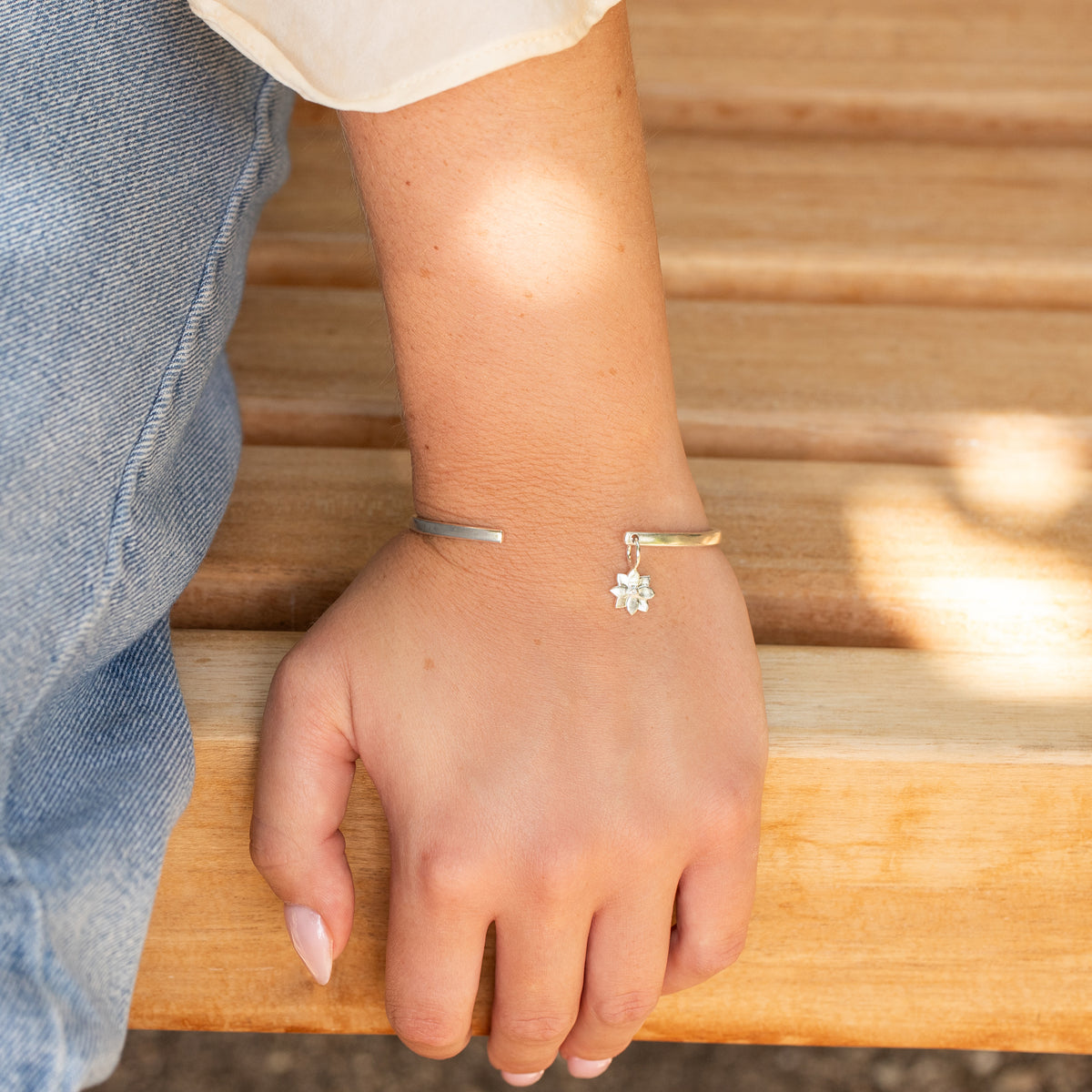 8th Anniversary Gift - Personalised Clematis Flower Open Cuff Bangle - Silver