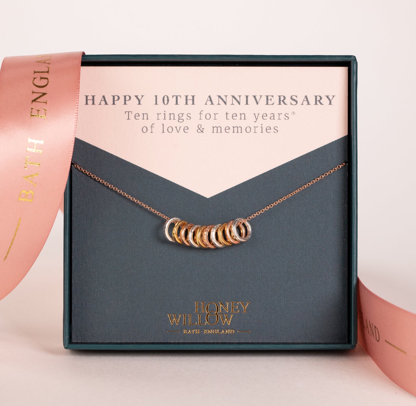 10th Anniversary Necklace - 10 Rings for 10 Years - Tiny Links - Silver & Gold & Rose Gold