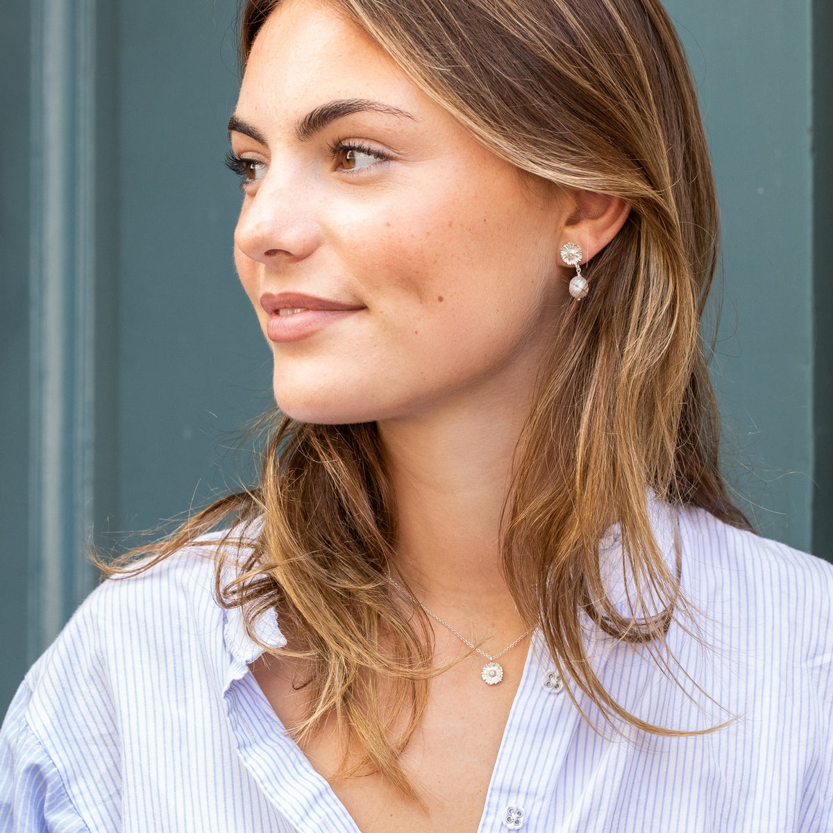 20th Birthday Gift - Aster Flower & Pearl Earrings - Silver