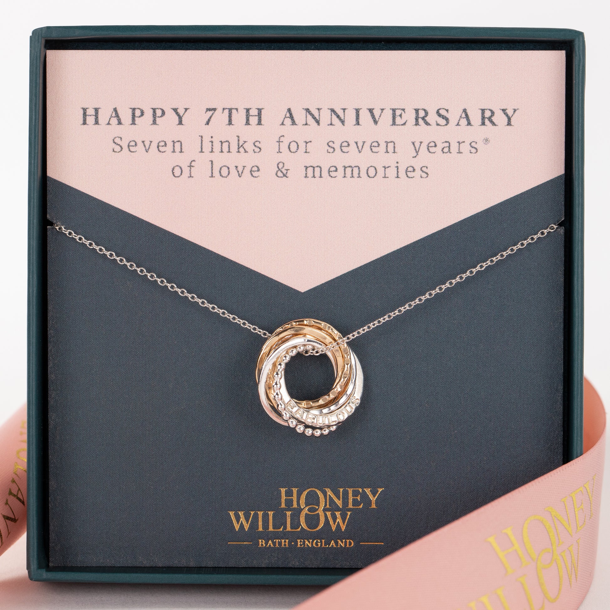 Personalised 7th Anniversary Necklace - Hand-Stamped - The Original 7 Rings for 7 Years Necklace - Petite Silver & Gold