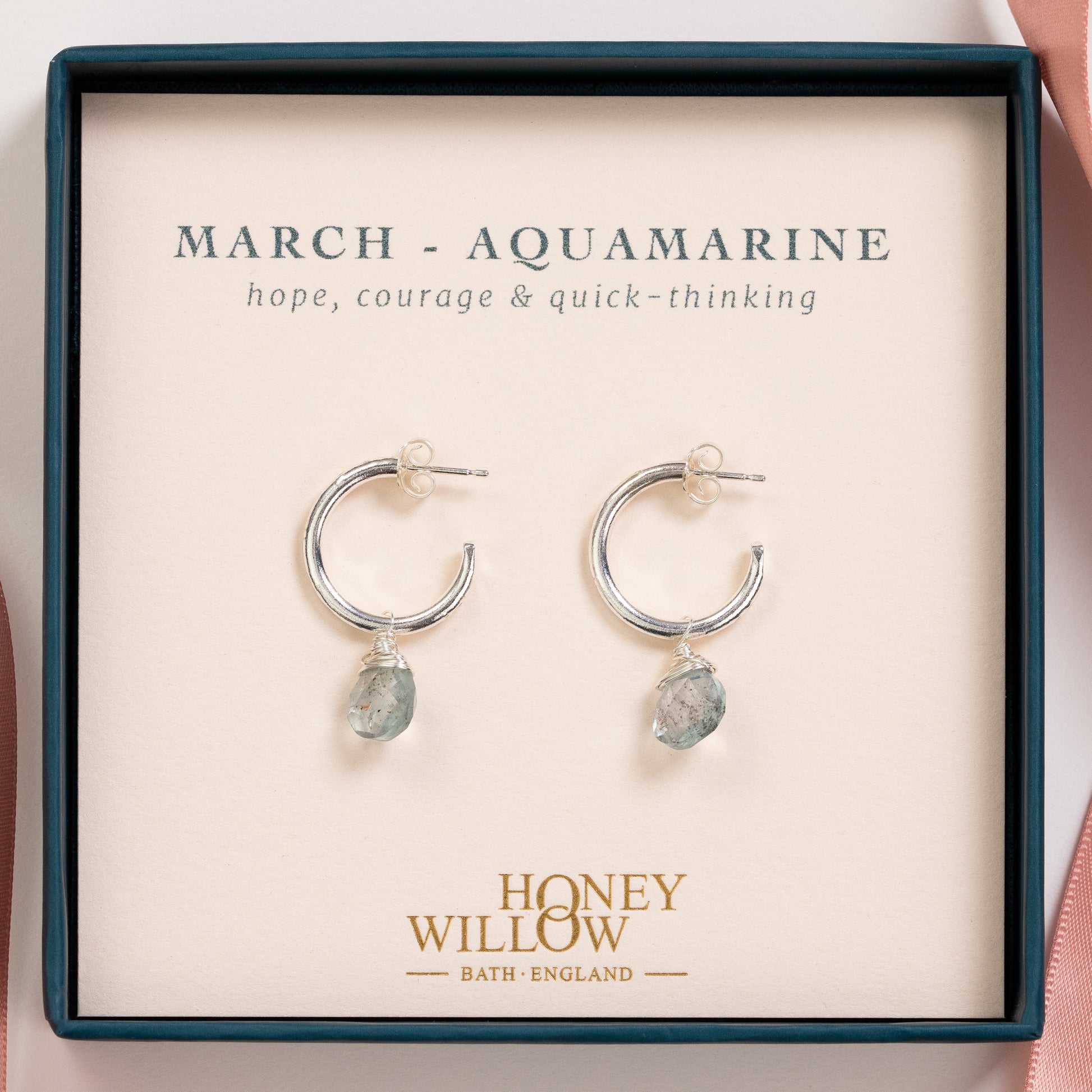 March Birthstone Earrings - Aquamarine Silver Hoops - 1.5cm