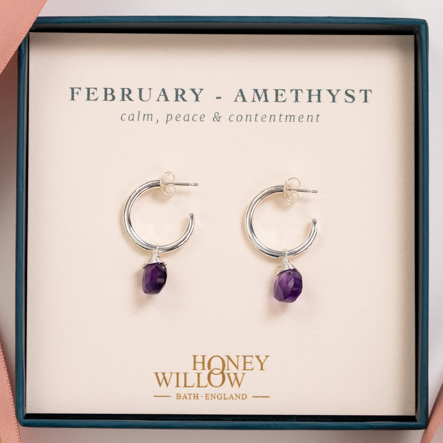 February Birthstone Earrings - Amethyst Silver Hoops - 1.5cm
