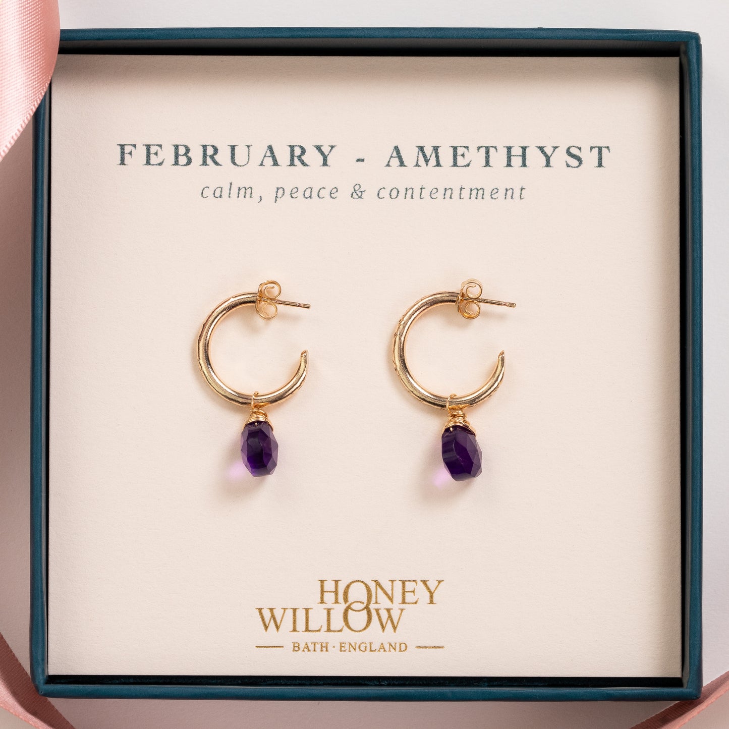 February Birthstone Earrings - Amethyst Gold Hoops - 1.5cm