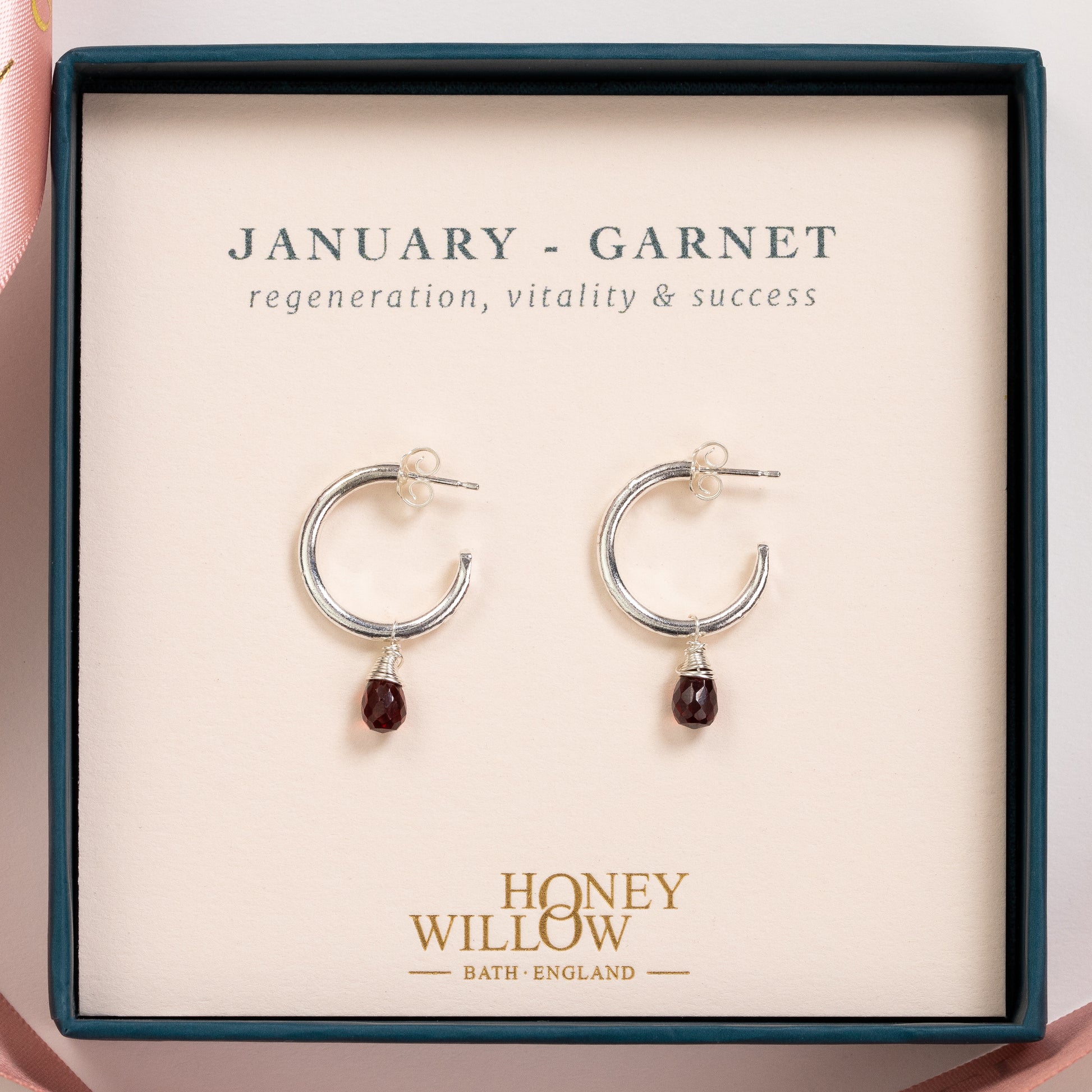 January Birthstone Earrings - Garnet Silver Hoops - 1.5cm