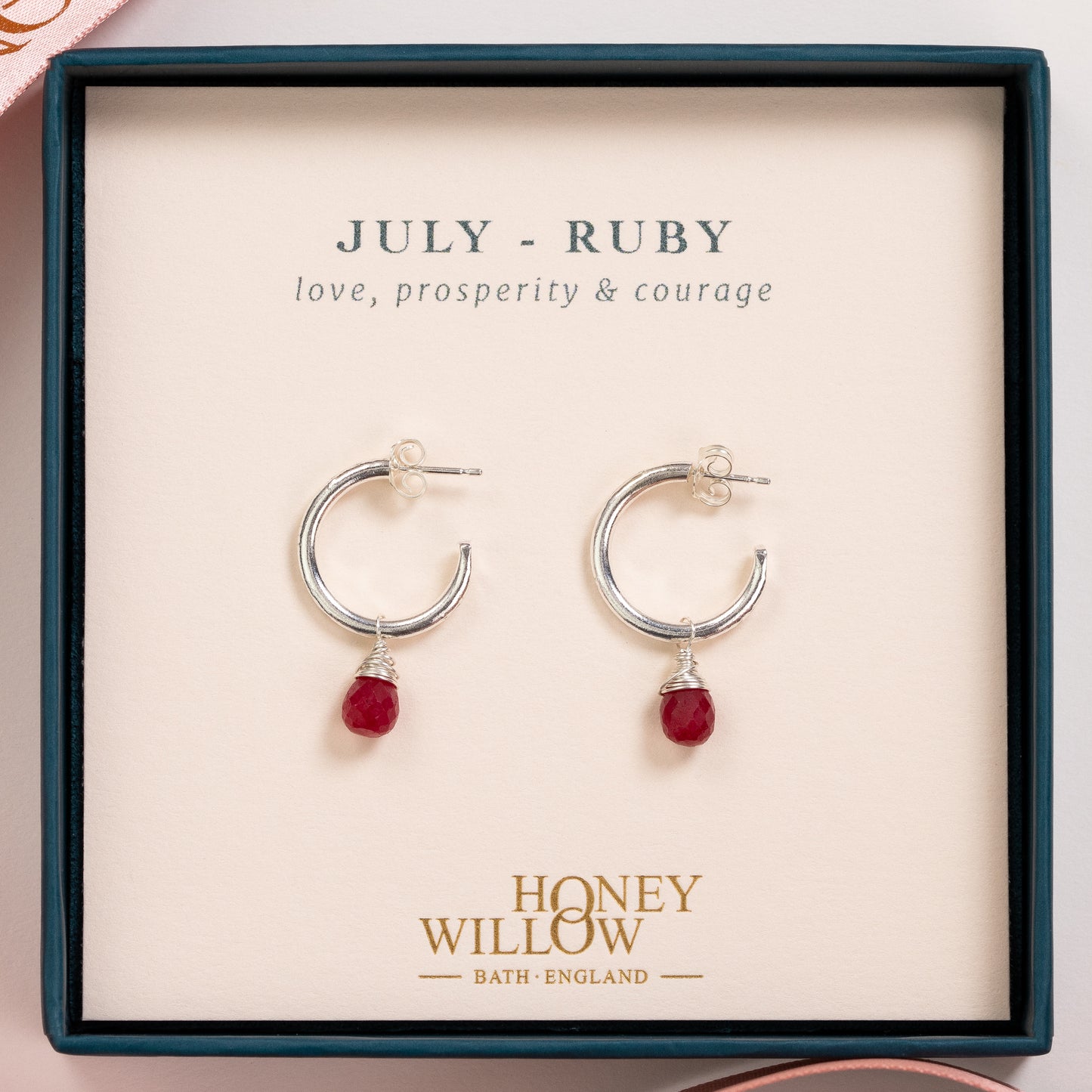 July Birthstone Earrings - Ruby Silver Hoops - 1.5cm