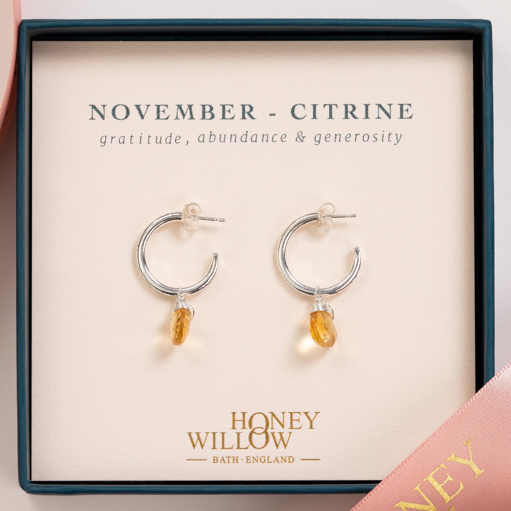 November Birthstone Earrings - Citrine Silver Hoops - 1.5cm