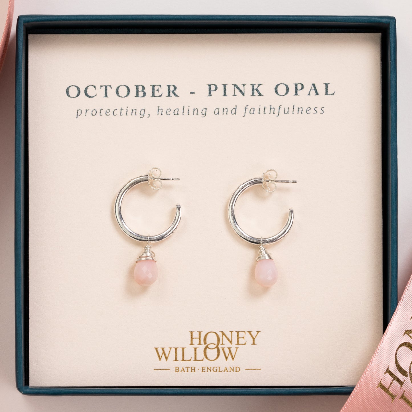 October Birthstone Earrings - Pink Opal Silver Hoops - 1.5cm
