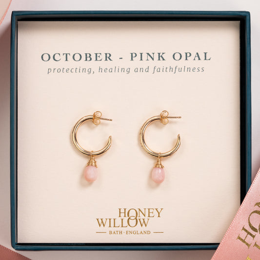 October Birthstone Earrings - Pink Opal Gold Hoops - 1.5cm