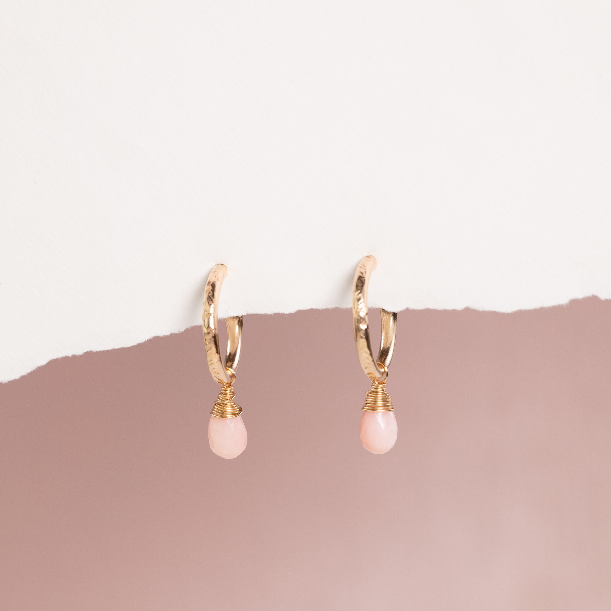 October Birthstone Earrings - Pink Opal Gold Hoops - 1.5cm