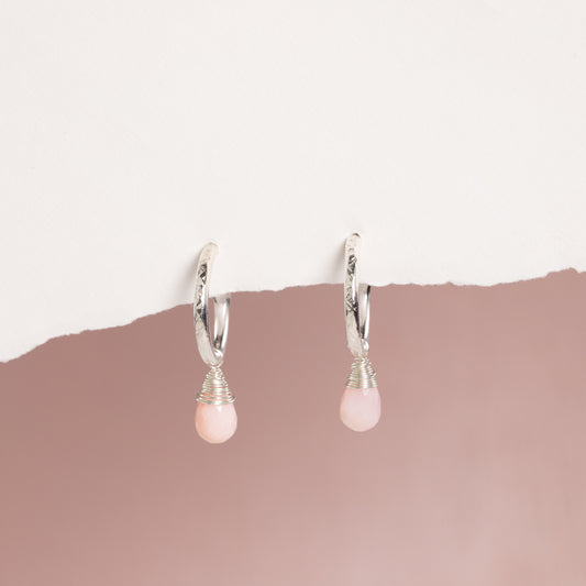 October Birthstone Earrings - Pink Opal Silver Hoops - 1.5cm