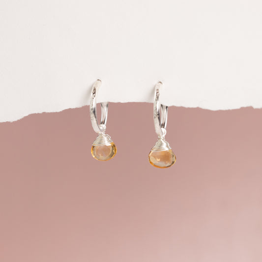 November Birthstone Earrings - Citrine Silver Hoops - 1.5cm