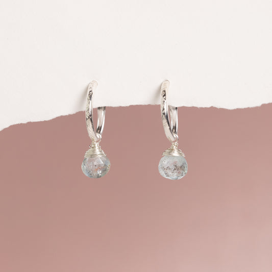 March Birthstone Earrings - Aquamarine Silver Hoops - 1.5cm