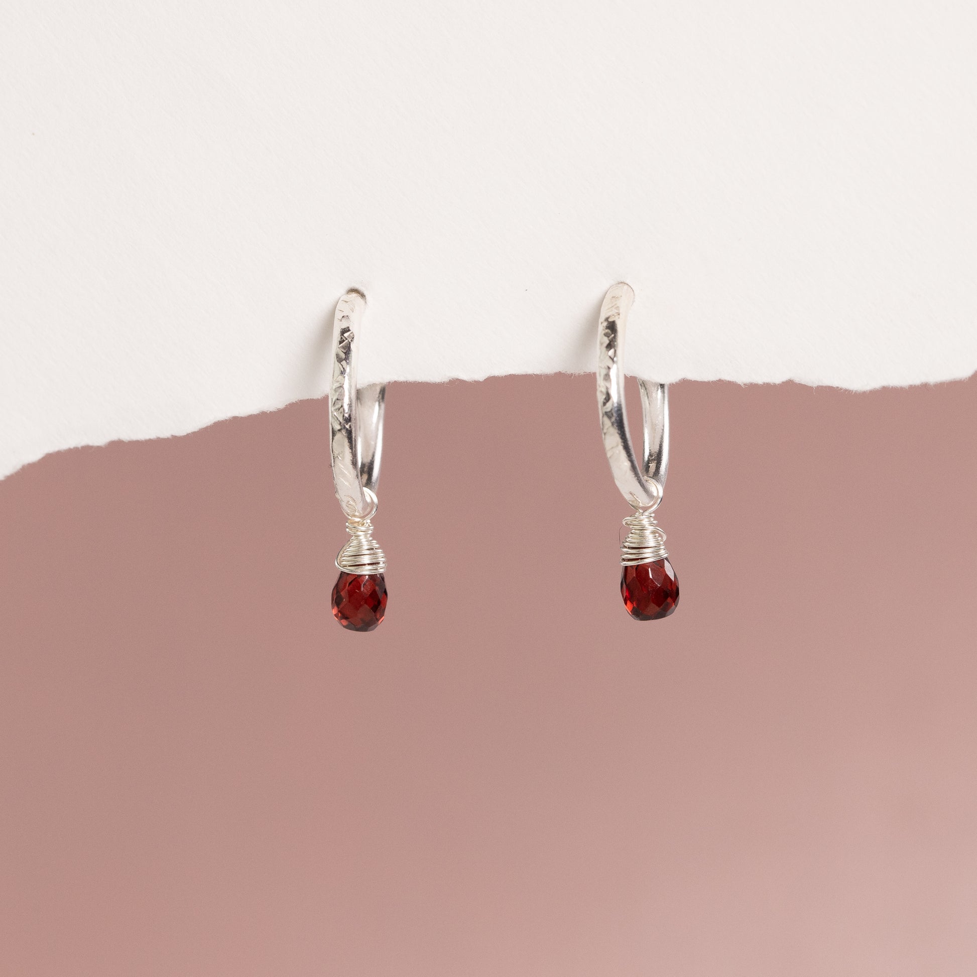 January Birthstone Earrings - Garnet Silver Hoops - 1.5cm