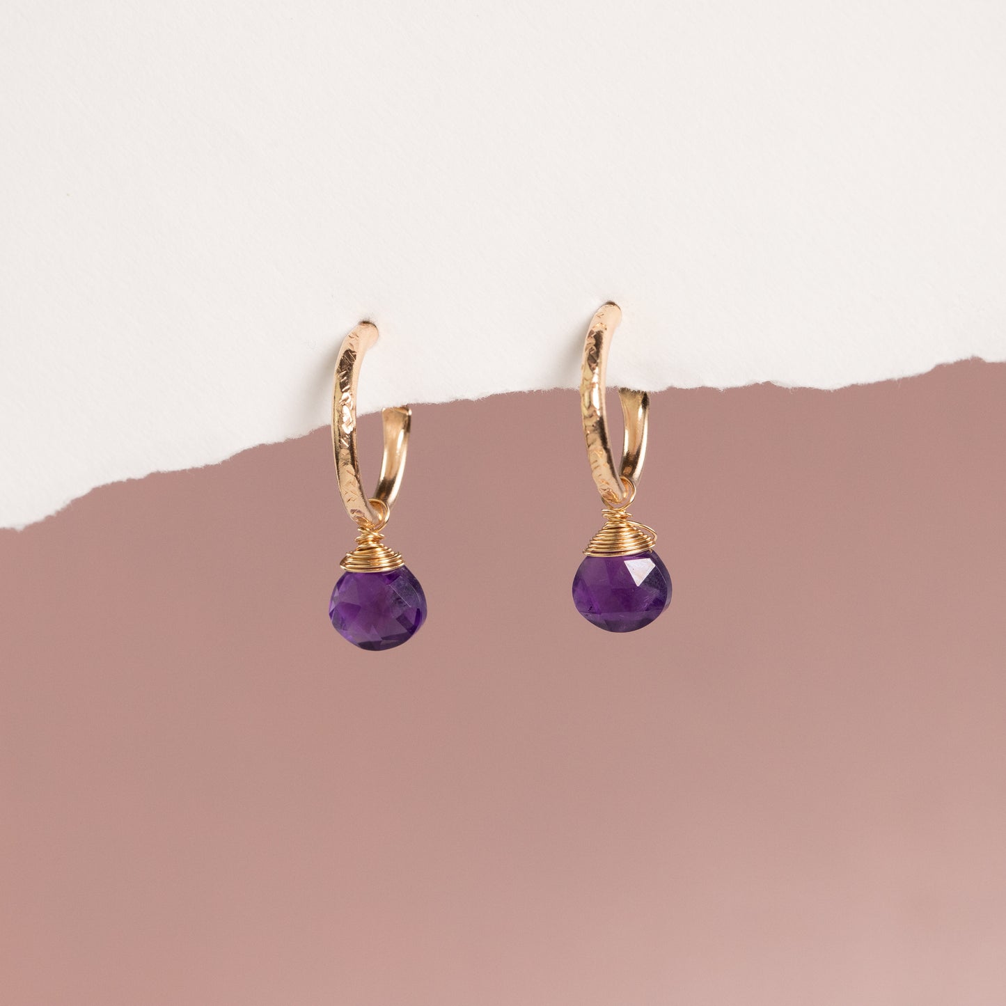 February Birthstone Earrings - Amethyst Gold Hoops - 1.5cm