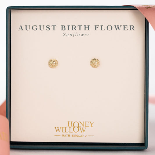 August Birth Flower Earrings - Sunflower Studs - 9kt Gold