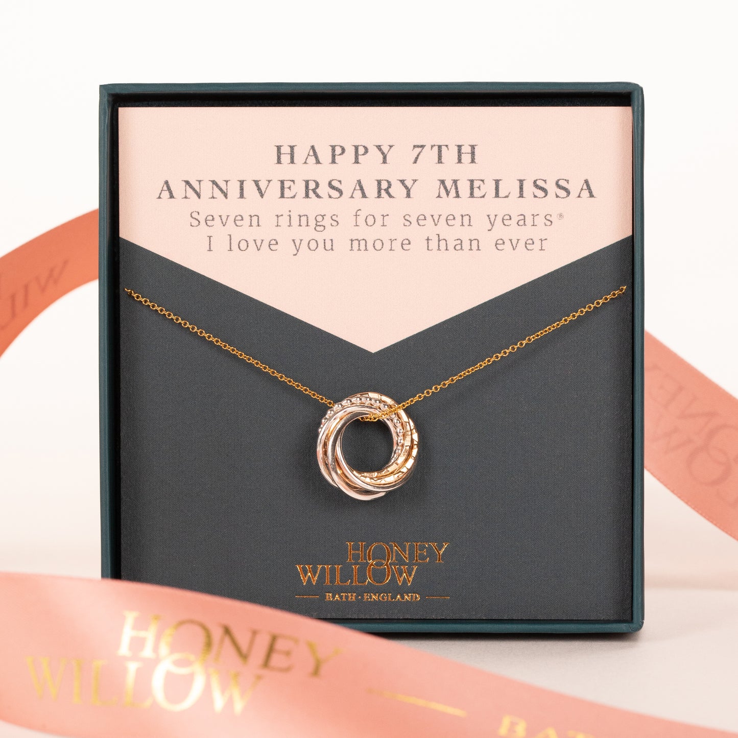 7th Anniversary Necklace - The Original 7 Rings for 7 Years Necklace - Petite Silver & Gold
