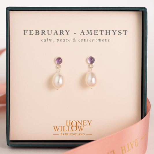 February Birthstone Earrings - Amethyst & Pearl - Silver & Gold