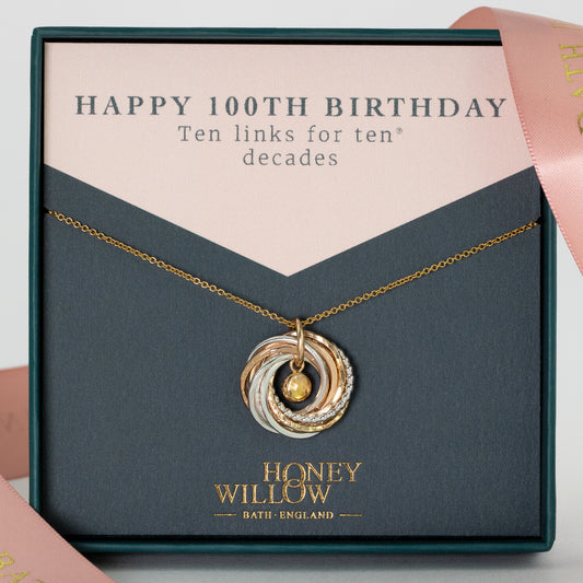 100th Birthday Birthstone Necklace - The Original 10 Links for 10 Decades Necklace - Petite Silver & Gold