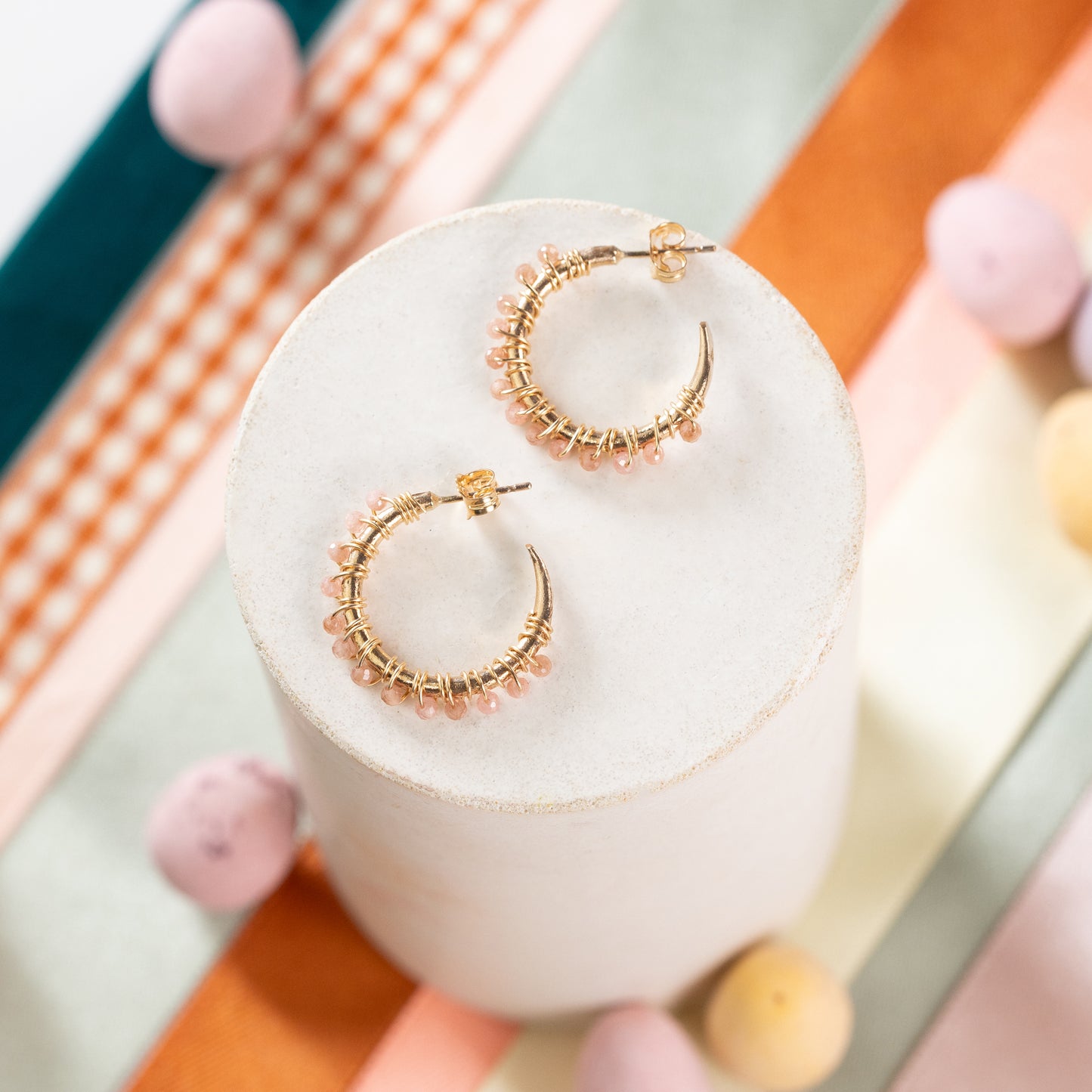 Rhodochrosite Hoop Earrings - Energy - Silver & Gold - 2cm Media 1 of 4