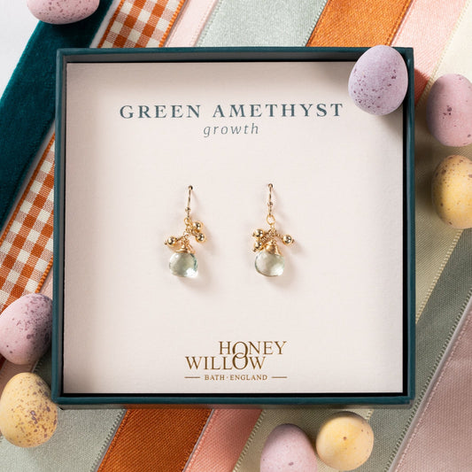 Green Amethyst Earrings - Growth - Silver & Gold