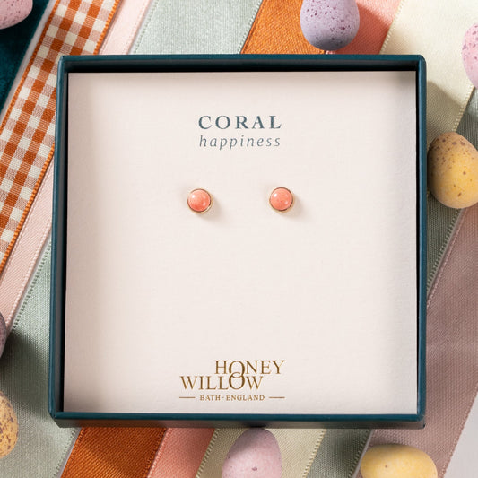 Coral Stud Earrings - Happiness - Silver & Gold