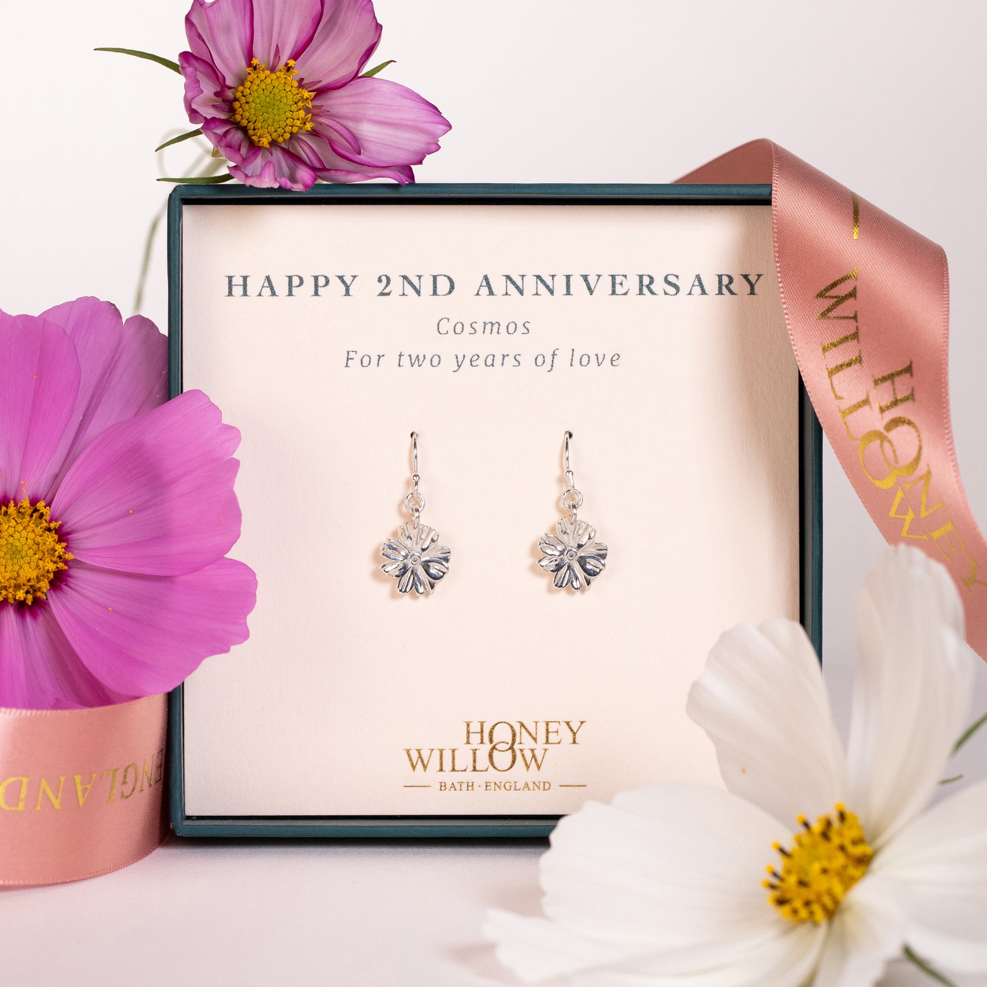 2nd Anniversary Gift - Cosmos Flower Earrings - Silver