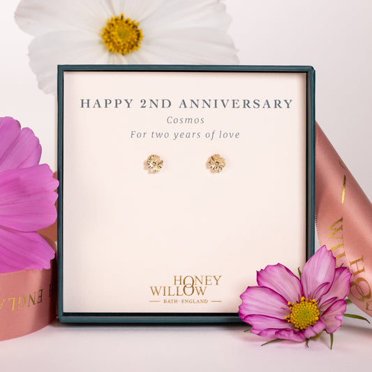 2nd Anniversary Gift - Cosmos Flower Studs - 9kt Gold