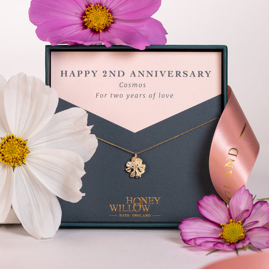 2nd Anniversary Gift - Cosmos Flower Necklace - 9kt Gold