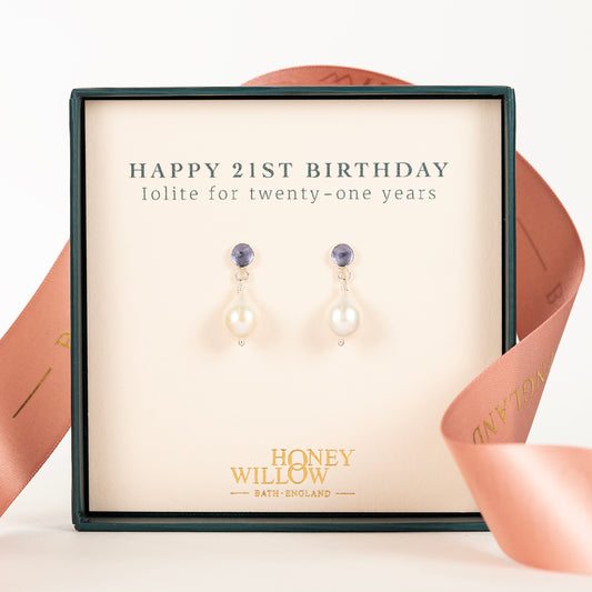 21st Birthday Gift - Iolite & Pearl Earrings - Silver & Gold