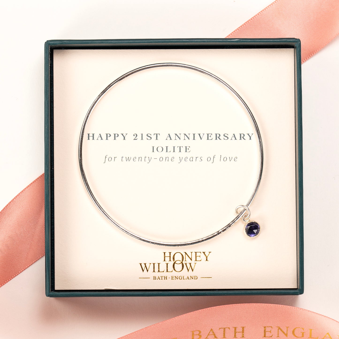 21st Anniversary Gift - Personalised Iolite Bangle - Silver