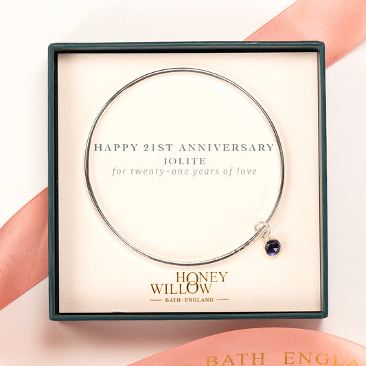 21st Anniversary Gift - Personalised Iolite Bangle - Silver