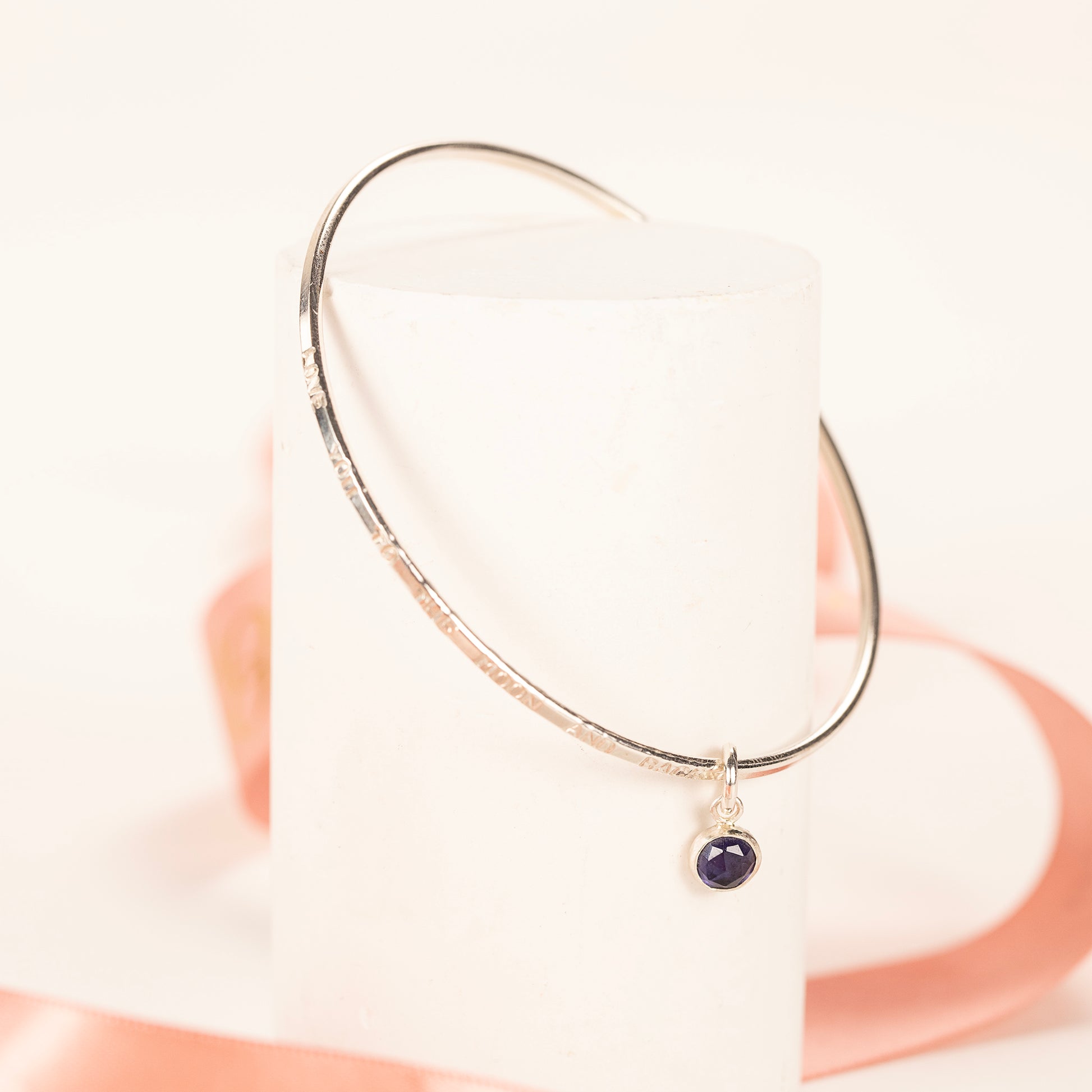 21st Anniversary Gift - Personalised Iolite Bangle - Silver