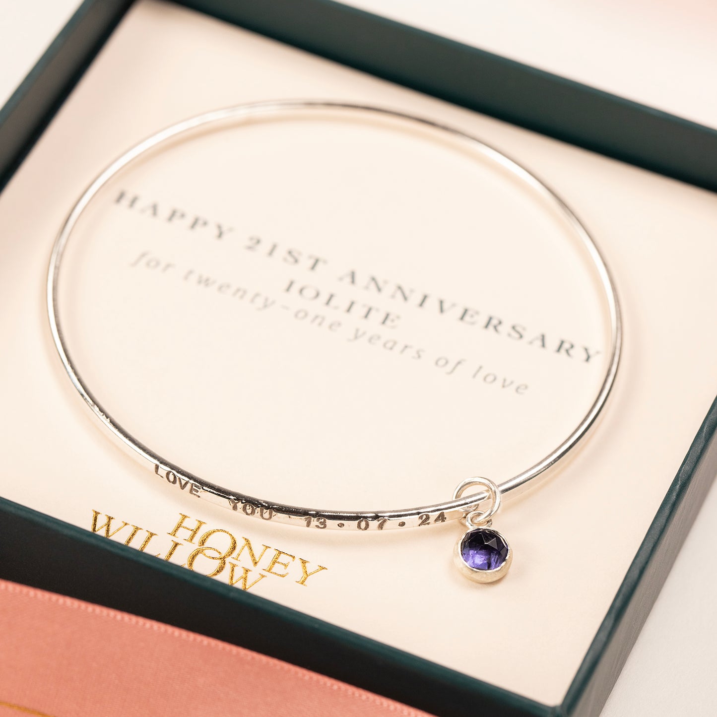 21st Anniversary Gift - Personalised Iolite Bangle - Silver