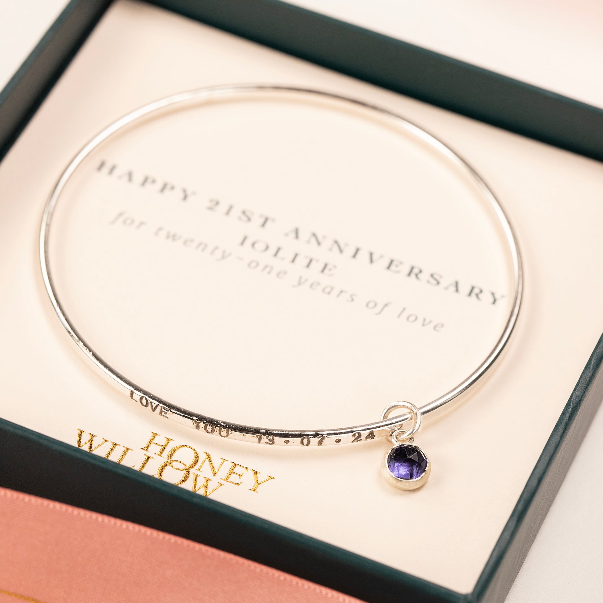 21st Anniversary Gift - Personalised Iolite Bangle - Silver