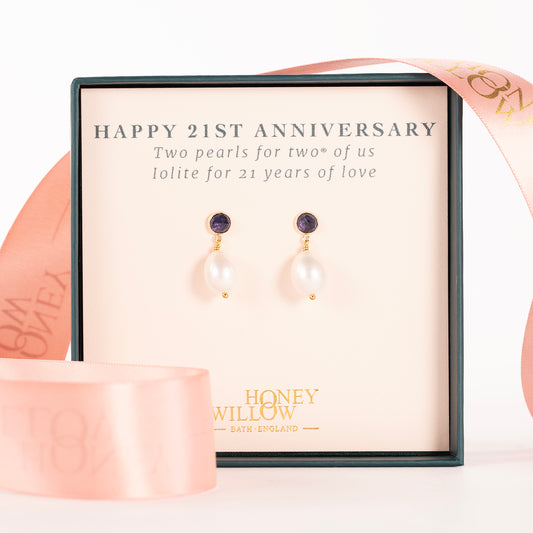 21st Anniversary Gift - Iolite & Pearl Earrings - Silver & Gold