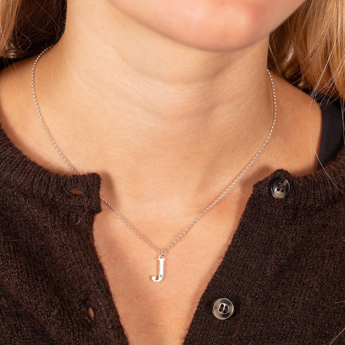 J Initial Letter & Birthstone Necklace - Silver