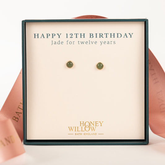 12th Birthday Gift - Jade Stud Earrings - Silver & Gold