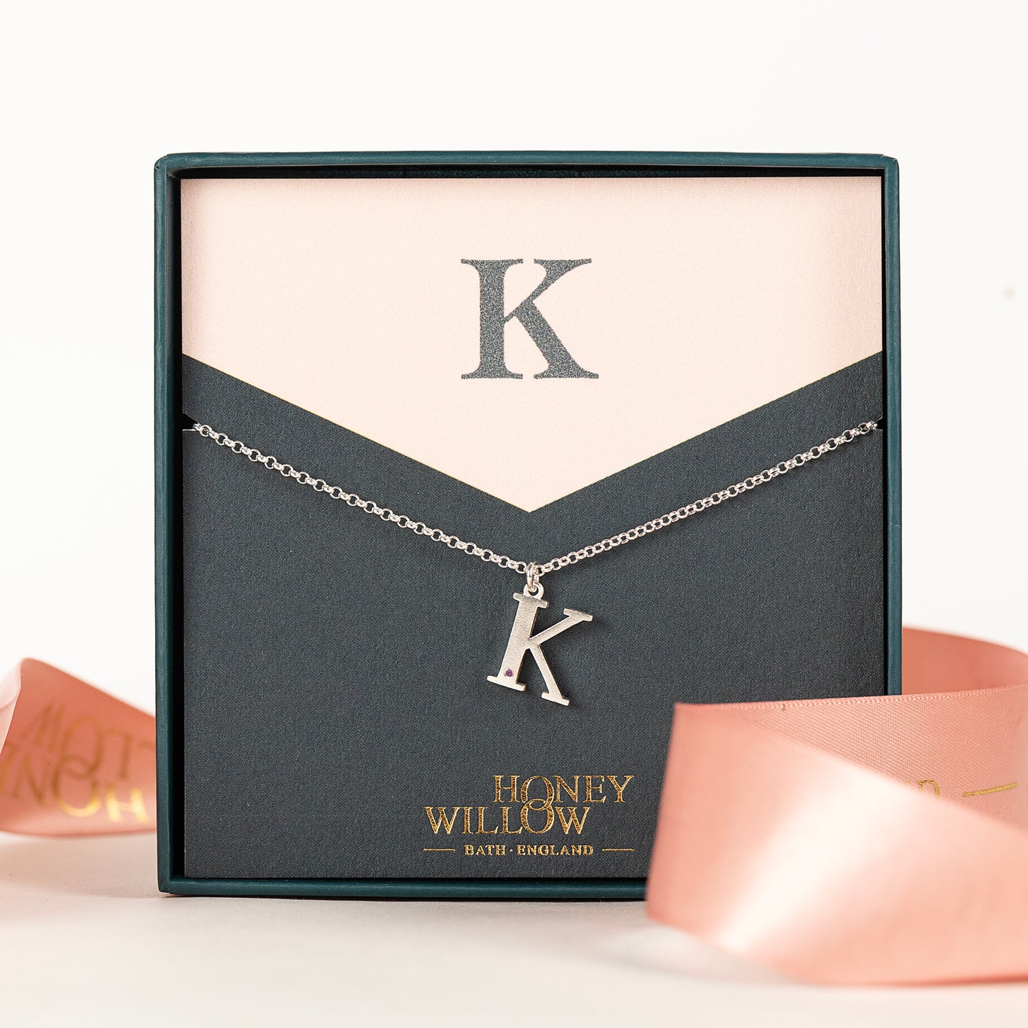 K Initial Charm & Birthstone Necklace - Silver