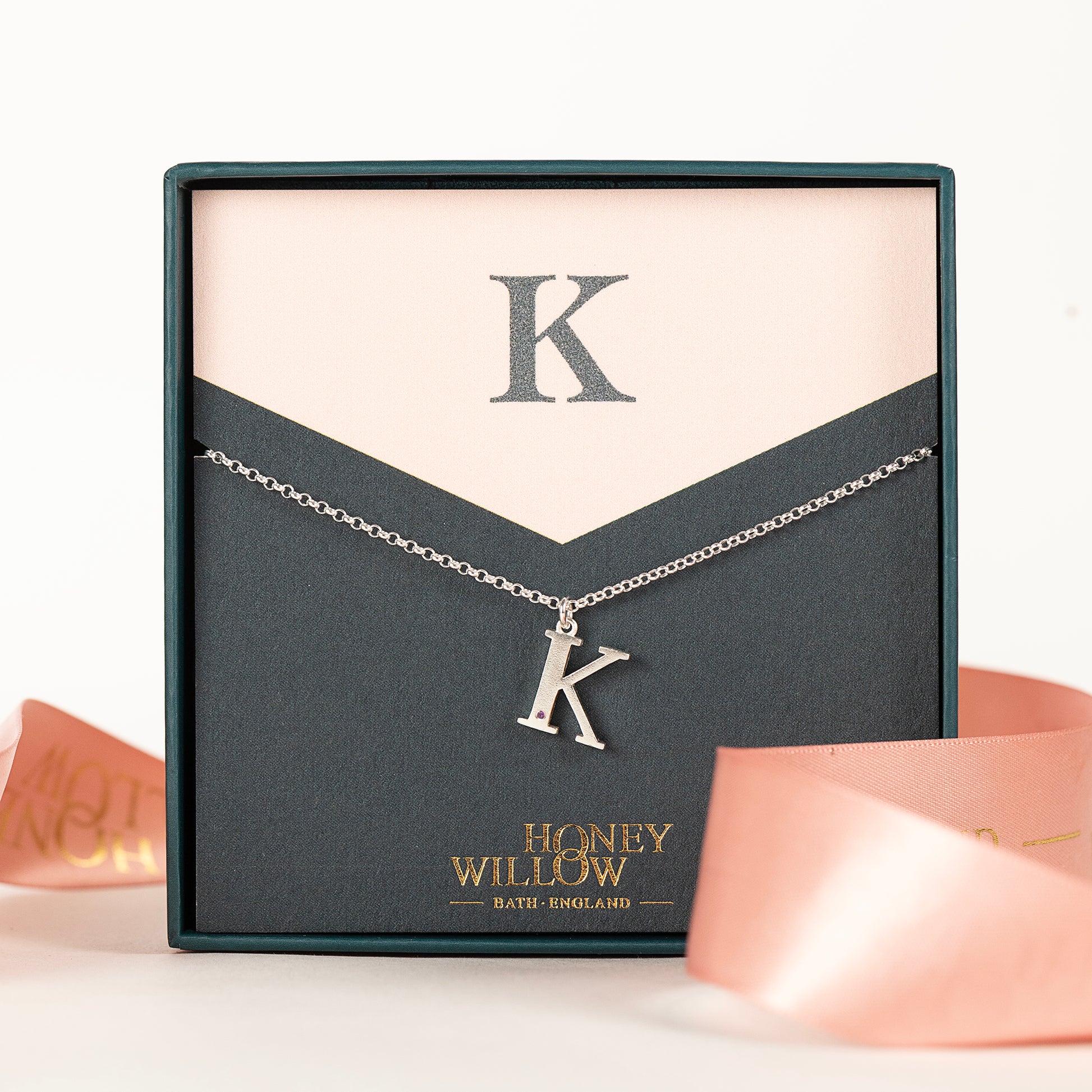 K Initial Charm & Birthstone Necklace - Silver