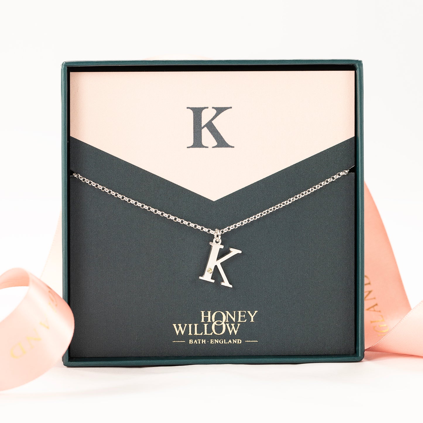 K Initial Letter & Birthstone Necklace - Silver