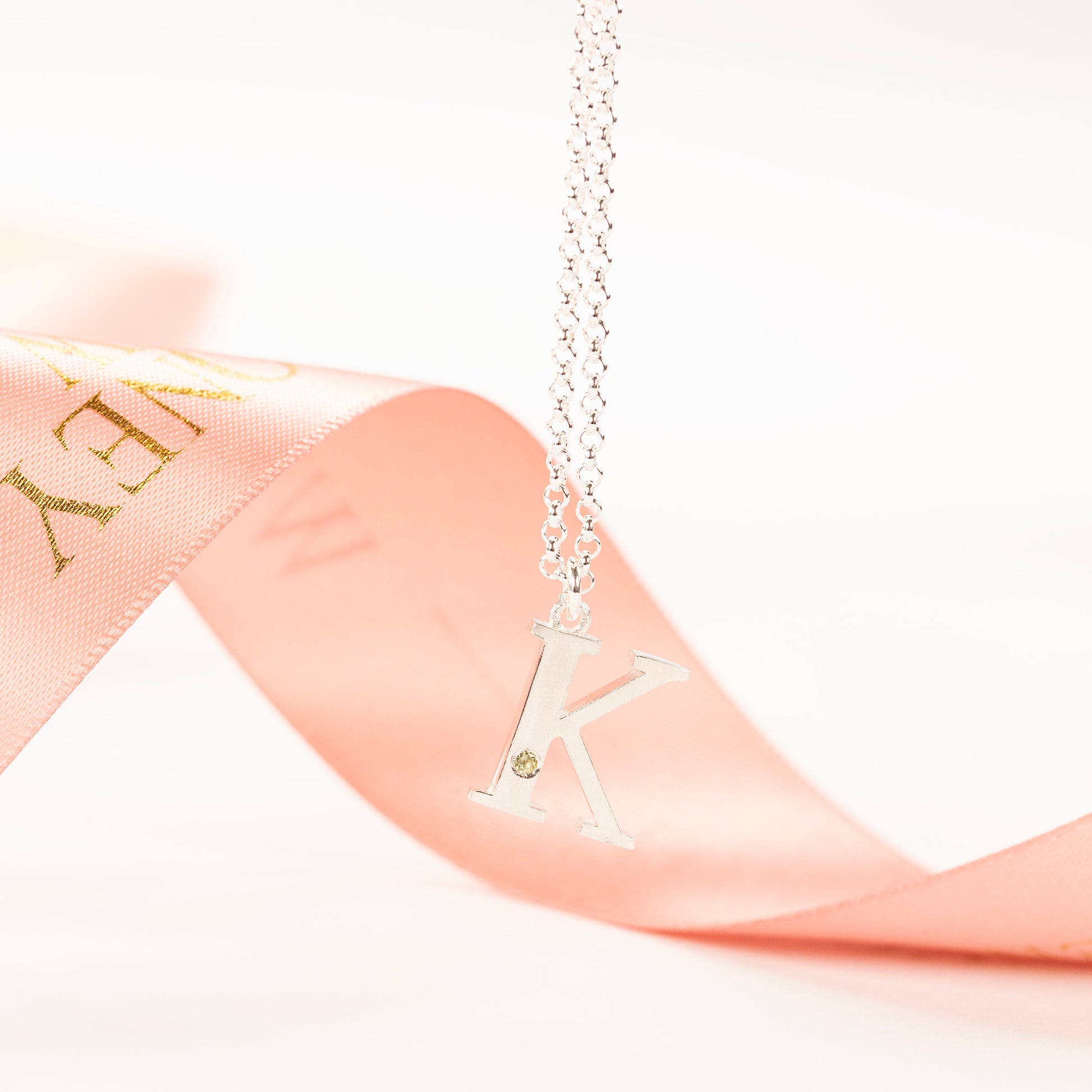 K Initial Letter & Birthstone Necklace - Silver