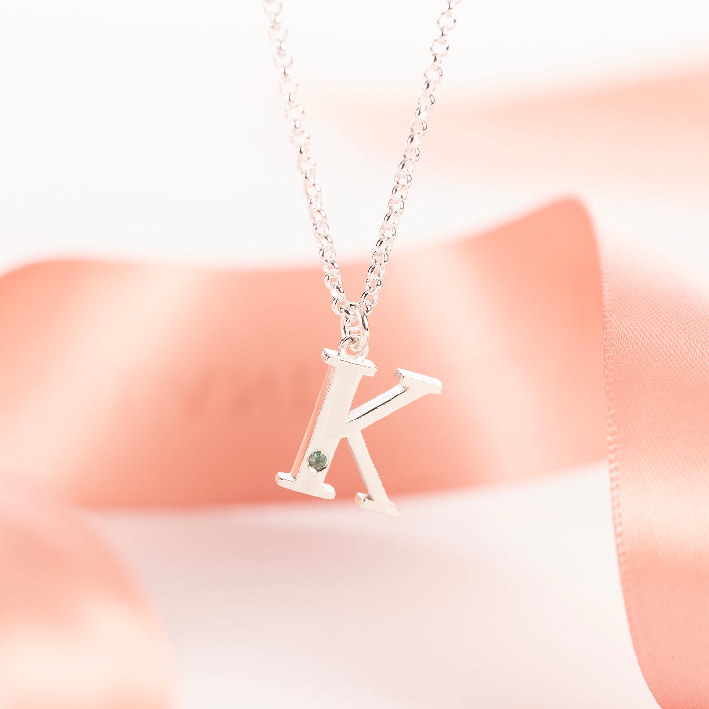 K Initial Letter & Birthstone Necklace - Silver