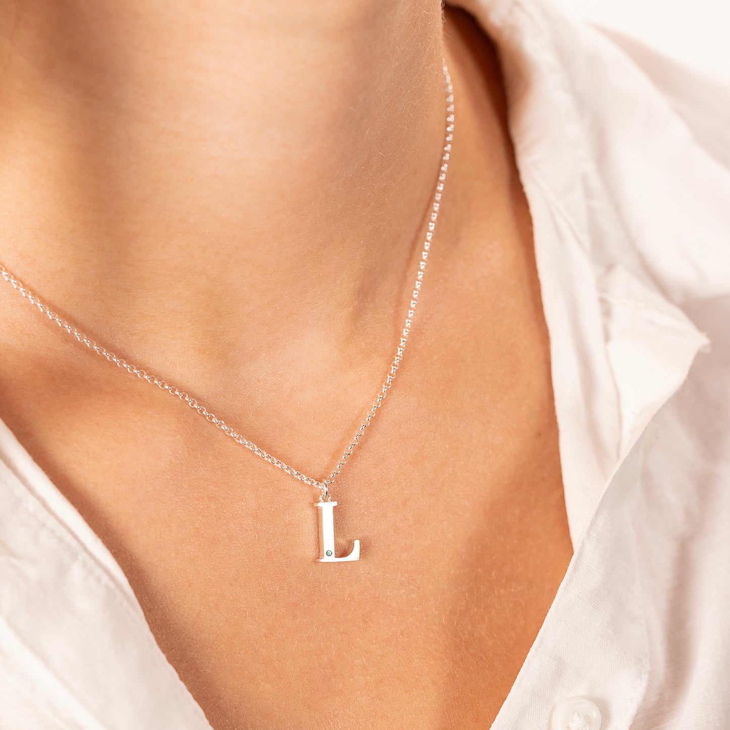 L Initial Letter & Birthstone Necklace - Silver