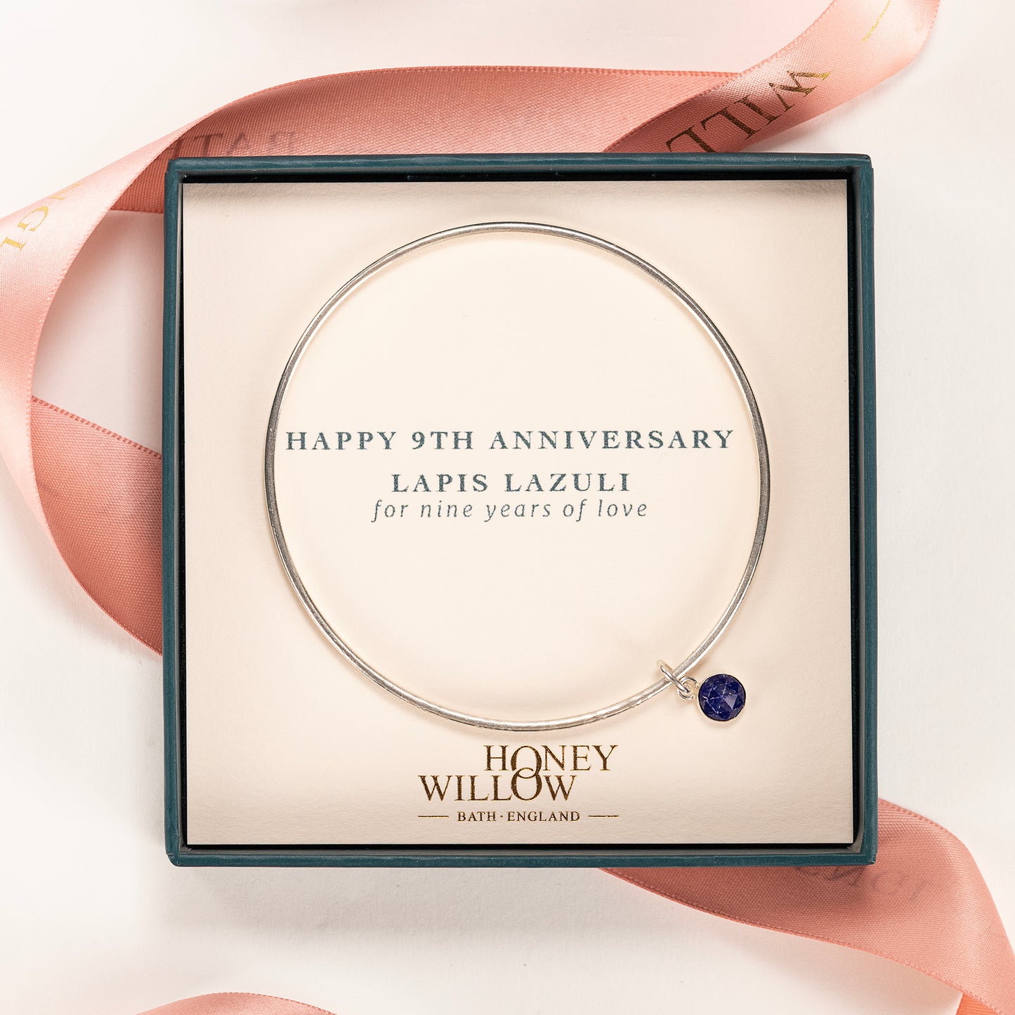 9th Anniversary Gift - Personalised Lapis Lazuli Bangle - Silver