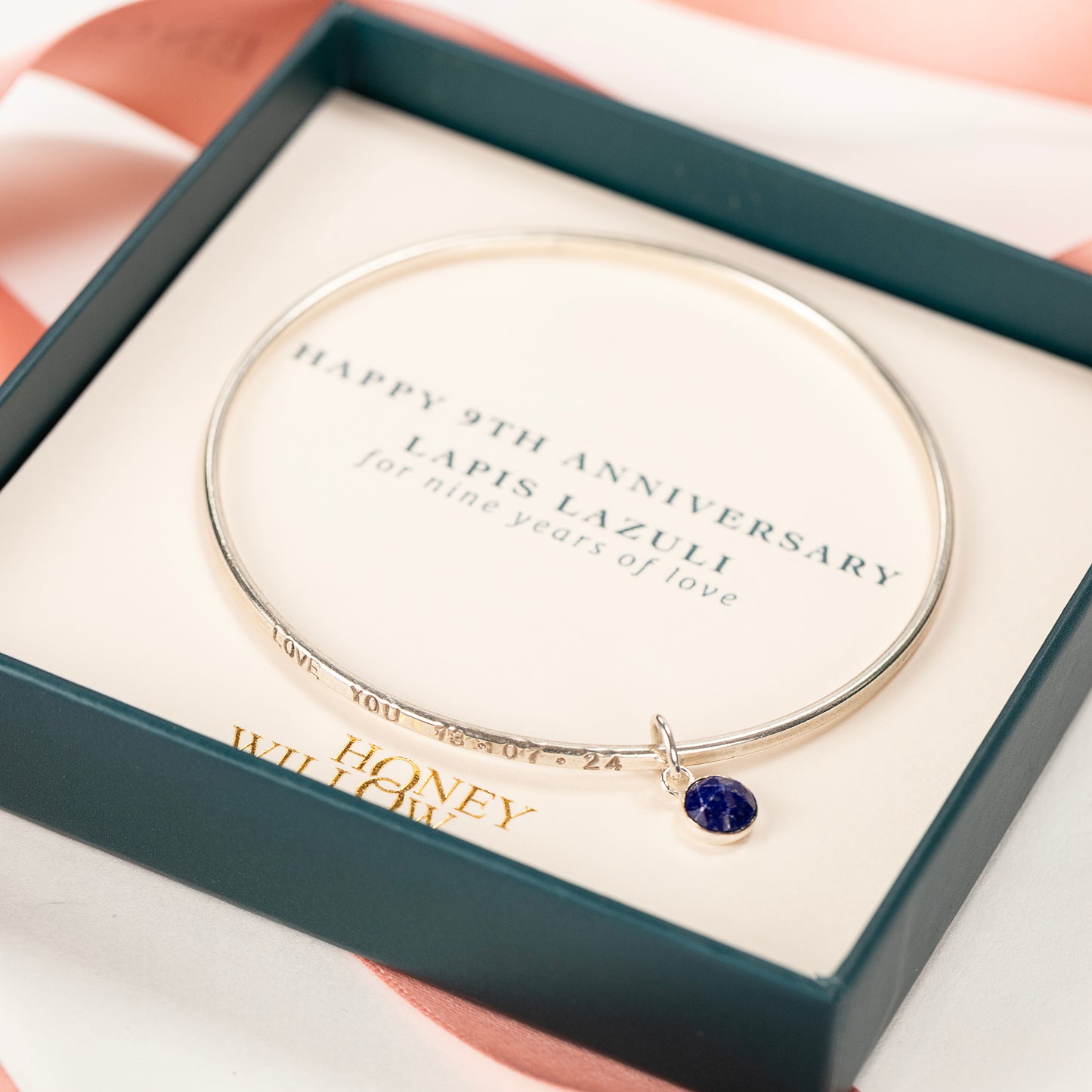 9th Anniversary Gift - Personalised Lapis Lazuli Bangle - Silver